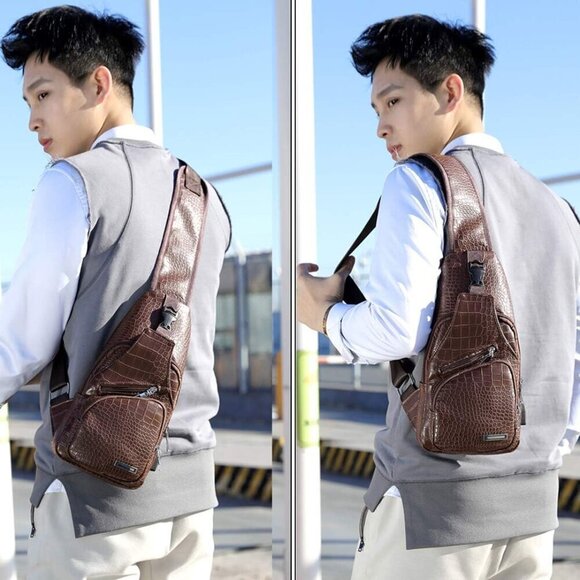 💫 Men Brown Leather Crossbody Bag Campus Travel USB Charging Port Backpacks - Picture 6 of 6